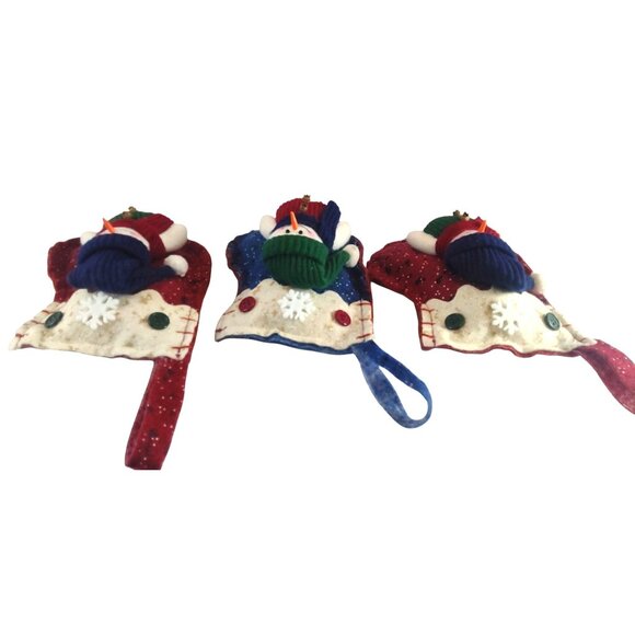 (3) Rustic Snowman Christmas Stocking Ornaments With Dot Accents - Red & Blue - Picture 5 of 8
